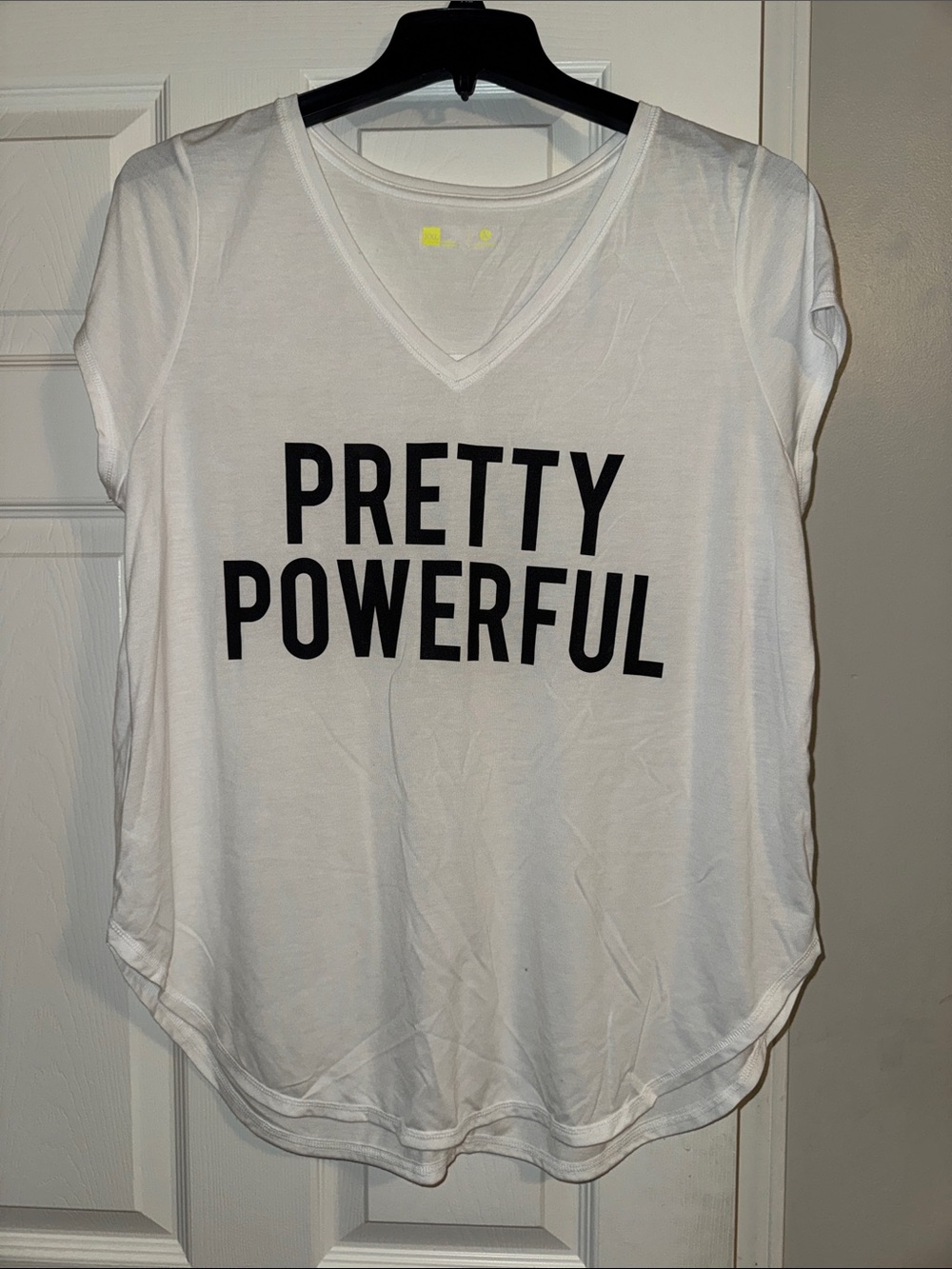 Xersion White V-Neck Tee with Black "Pretty Powerful" Graphic